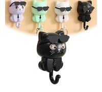 Porte-clés mural en forme de chat mignon - Crochets autocollants pour clés, serviettes, sacs - Sans perçage - Cintre de chat de dessin animé avec lunettes de soleil - Crochet décoratif sans