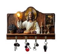 Porte-clés mural plat 2D sur le thème de la communion - Porte-clés rustique en bois avec 4 crochets en métal, crochet religieux de ferme pour entrée (Kaki-1)