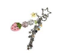 Porte-clés nostalgique avec trèfles fraises, chaîne étoile brillante, boutons en métal, breloque de polyvalente, accessoires de chaîne étoile
