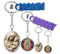 Porte-Clés Original, Bijoux de Sac, Vierge Marie, Jésus, Cabochon Religieux, Chrétien, Catholique, Notre-Dame, Cadeau pour Homme ou Femme (Style 2 avec Prénom)