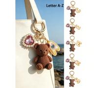 Porte-clés ours en peluche avec lettre, avec lettre bulle dorée A-Z, associé à un cœur en cristal et une décoration en perle, charmant pendentif sac ours en peluche mignon, convient pour les sacs à ma