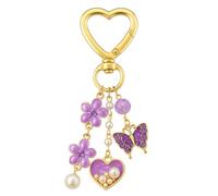 Porte-Clés Papillon, Cœur avec Charms Fleur, Perles et Éclats Violets, Accessoire Élégant et Féérique pour Apporter Romantisme et Douceur au Quotidien,Bagages Décor