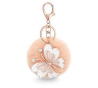 Porte-clés papillon,Porte-Cléf Rose Doré avec Pompon et Fleur, Bagages Décor Élégant et Féminin, Accessoire Parfait pour Sublimer Votre Style