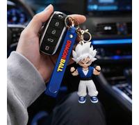 Porte-clés personnage Saiyan aux cheveux blancs Dragon Ball MINISO, mini figurine anime avec sangle en silicone bleu et anneau de n métal, accessoire pour sac à dos, sac et e voiture, cadeau