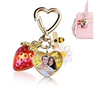 Porte-Clés Personnalisé à Motif Fraise avec Votre Photo - Charm Mignon pour Sac à Main, Sac à Dos, Portefeuille - Idéal Cadeau pour Femmes et Filles (Coeur)