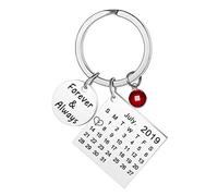 Porte-clés personnalisé avec Pierre de Naissance Calendrier personnalisé Date gravé en Acier Inoxydable Porte-clés pour Hommes Cadeau de Mariage commémoratif (Cercle Argent)