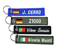 Porte - clés personnalisé, étiquette texte personnalisé double face France Espagne Italie drapeau brodé moto voiture ATV scooter