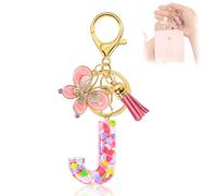 Porte clés personnalisé femme - Porte clef lettre initiale avec papillon et pompon rose - Porte clé voiture élégant - Cadeau personnalisé femme pour anniversaire, Noël, Saint-Valentin(J)