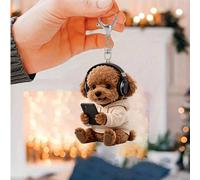 Porte-clés plat 2D mignon en forme d'ours regardant un téléphone avec un casque, porte-clés mignon de chien de compagnie, porte-clés esthétique en forme de tasse de thé au lait, décoration de portefeu