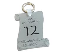 Porte-clés plexi parchemin spécial gîtes, hôtel, B&B, camping, mobil-home, chalet, chambres d'hôtes avec gravure personnalisée. 10 couleurs disponibles