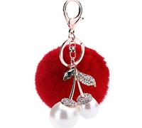 Porte-clés Pompons en peluche avec pendentif de poche en fausse fourrure de lapin avec mini perles cerise strass décor porte-clés anneau boule pompon pour sac à main clés, rouge, L