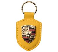 Porte-clés Porsche en cuir jaune avec écusson métallique argenté, officiellement licencié