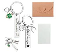 Porte-clés porte-bonheur 2 pièces gravés en métal - avec trèfle, fer à cheval, coccinelle et cœur - 5 x 1,2 cm - cadeau chance porte-clé chanceux avec carte et enveloppe pour offrir