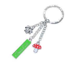 Porte-clés porte-bonheur - GOOD LUCK - mignon keyring, 3 pendentifs trèfle, amanite tue-mouches, plaquette - métal coulé de haute qualité, émail véritable - porte-clés inclus - chromé