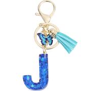 Porte-Clés, Porte-Clés Pour Filles, Pendentif De Clé Lettre J, Porte-Clés Papillon Avec Lettres Initiales, Cadeau De Porte-Clés Pour Femmes, Bleu
