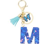 Porte-Clés, Porte-Clés Pour Filles, Pendentif De Clé Lettre M, Porte-Clés Papillon Avec Lettres Initiales, Cadeau De Porte-Clés Pour Femmes, Bleu