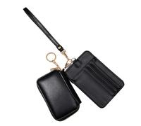 Porte-clés portefeuille amovible double pochettes avec dragonne et porte-cartes - Mini fermeture éclair autour du petit portefeuille - Porte-monnaie double - Porte-monnaie amovible, Noir , Beauté de