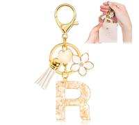 Porte-clés pour Fille Lettre, Porte-clés pour Femme avec Lettre Initiale, Alphabet Pendentif Initiale en Résine, Keyring avec Pendentif Amour et Pampille, Cadeau pour Femme Beige-R