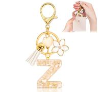 Porte-clés pour Fille Lettre, Porte-clés pour Femme avec Lettre Initiale, Alphabet Pendentif Initiale en Résine, Keyring avec Pendentif Amour et Pampille, Cadeau pour Femme Beige-Z