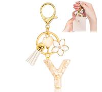 Porte-clés pour Fille Lettre, Porte-clés pour Femme avec Lettre Initiale, Alphabet Pendentif Initiale en Résine, Keyring avec Pendentif Amour et Pampille, Cadeau pour Femme Beige-Y
