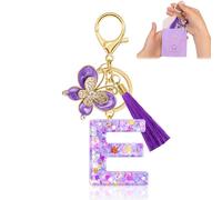 Porte-clés pour Fille Lettre, Porte-clés pour Femme avec Lettre Initiale, Alphabet Pendentif Initiale en Résine, Keyring avec Pendentif Amour et Pampille, Cadeau pour Femme (E, Purple)