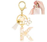 Porte-clés pour Fille Lettre, Porte-clés pour Femme avec Lettre Initiale, Alphabet Pendentif Initiale en Résine, Keyring avec Pendentif Amour et Pampille, Cadeau pour Femme Beige-K
