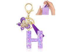 Porte-clés pour Fille Lettre, Porte-clés pour Femme avec Lettre Initiale, Alphabet Pendentif Initiale en Résine, Keyring avec Pendentif Amour et Pampille, Cadeau pour Femme (H, Purple)