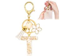 Porte-clés pour Fille Lettre, Porte-clés pour Femme avec Lettre Initiale, Alphabet Pendentif Initiale en Résine, Keyring avec Pendentif Amour et Pampille, Cadeau pour Femme Beige-T
