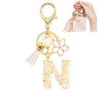 Porte-clés pour Fille Lettre, Porte-clés pour Femme avec Lettre Initiale, Alphabet Pendentif Initiale en Résine, Keyring avec Pendentif Amour et Pampille, Cadeau pour Femme Beige-N
