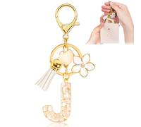 Porte-clés pour Fille Lettre, Porte-clés pour Femme avec Lettre Initiale, Alphabet Pendentif Initiale en Résine, Keyring avec Pendentif Amour et Pampille, Cadeau pour Femme (J, White)