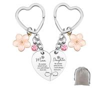 Porte-clés pour fille,Maman & Fille Porte-clés Cœur Séparables Gravés,Fleur Rose & Cristal Diamant,Cadeau Émotionnel pour Mère/Fille - Inclus Pochette Velours Gris
