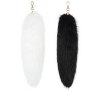 Porte-clés queue de renard, 2 pièces, queue de renard mignonne et moelleuse, queue en fausse fourrure avec fermoir, queue de Therian décorative artificielle pour sac à main, cosplay, noir + blanc