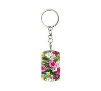 Porte-clés rectangulaire en métal plaqué avec fleurs tropicales roses et blanches pour homme et femme