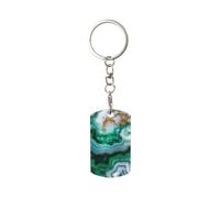 Porte-clés rectangulaire en métal plaqué or, surface en agate blanche vert émeraude veinée d'or, pour femmes et hommes