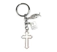 Porte-clés Religieux avec Croix, Bible et Symbole Ichthus, Couleur argentée, Style Chrétien