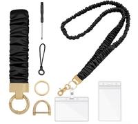 Porte-clés rétractable avec fil de simulation épais, dragonne élastique et cordon tour de cou pour e voiture, sangle porte-clés sécurisée (noir + carte en PVC)