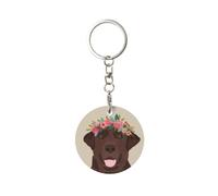 Porte-clés rond en métal, porte-clés en métal, porte-clés de voiture, anneau de support 1 pièce, Labrador chocolat avec lignes coupées panneau pour chien floral