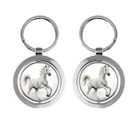 Porte-clés rotatif Cheval blanc galopant sur le sable, en acier inoxydable