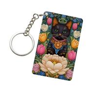 Porte-clés tendance en acrylique avec motif chat noir et fleurs, tulipes et pivoines pour homme et femme