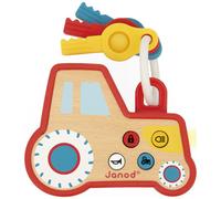 Janod - Porte-Clés Hochet Bébé Interactif Tracteur - Effets Sonores et Lumineux - Bois et Silicone - Hochet Bébé Sonore et Jouet de Dentition - Piles Incluses - Idéal Cadeau - Dès 18 Mois