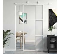 Porte coulissante blanche 90 x 205 cm en verre trempé et aluminium pour une séparation élégante des pièces, porte de sécurité robuste avec amortisseur silencieux et verre transparent pour les
