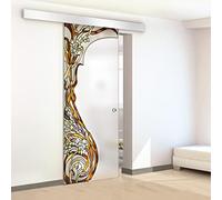 Porte coulissante d'intérieur en verre teinté peint à la main modèle ELLE marron 90 x 215 cm (disponible 60/80/90 cm) 8 mm verre satiné kit de ferrures complet rail de suspension (90 x 215 cm, gauche)