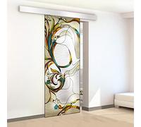 Porte coulissante en vitrail pour intérieur peint à la main modèle SI jaune 60 x 215 cm (disponible 60/80/90 cm) 8 mm verre satiné kit de ferrures complet rail de suspension (60 x 215 cm, gauche)