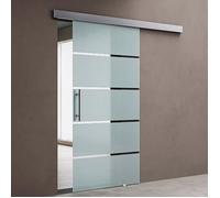 doporro Porte Coulissante en Verre pour L'intérieur 77,5cm x 205cm Verre de Sécurité Bandes Opaques Poignée Barre Porte Glissante Distance au Mur de 15mm avec Amortisseur Amalfi 13