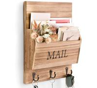 Porte Courrier Mural en Bois, Organiseur de Courrier Mural avec 3 Crochets Porte-lettres en Bois Porte Revue Mural, Décoration de Style Rustique pour Bureau, Courrier, Magazines, Papeterie, Classeurs