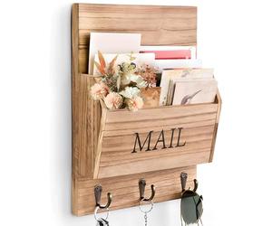 Porte Courrier Mural en Bois, Organiseur de Courrier Mural avec 3 Crochets Porte-lettres en Bois Porte Revue Mural, Décoration de Style Rustique pour Bureau, Courrier, Magazines, Papeterie, Classeurs