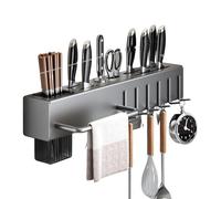 Porte-couteaux en acier inoxydable avec support de baguettes - Support de rangement mural de cuisine de 40 cm avec 6 crochets sans perforation nécessaire - Ustensiles de cuisine essentiels pour