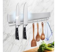 Porte-couteaux magnétique mural de 30 cm, Bande magnétique en acier inoxydable sans perçage avec 5 crochets/ruban adhésif/vis, support d'ustensiles de cuisine, organisateur de couteaux magnétique