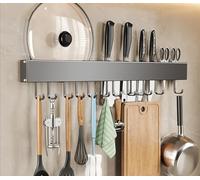 Porte-couteaux mural auto-adhésif en aluminium de 60 cm avec crochets - Organisateur de rangement multifonction pour cuisine - Bloc à couteaux gris pour une gestion efficace de l'espace des tiroirs