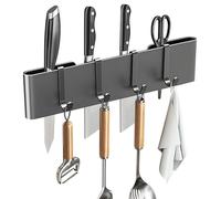 Porte-couteaux mural en acier inoxydable avec crochets - Bloc à couteaux - Porte-ustensiles de cuisine (gris, 20 cm + 4 crochets)